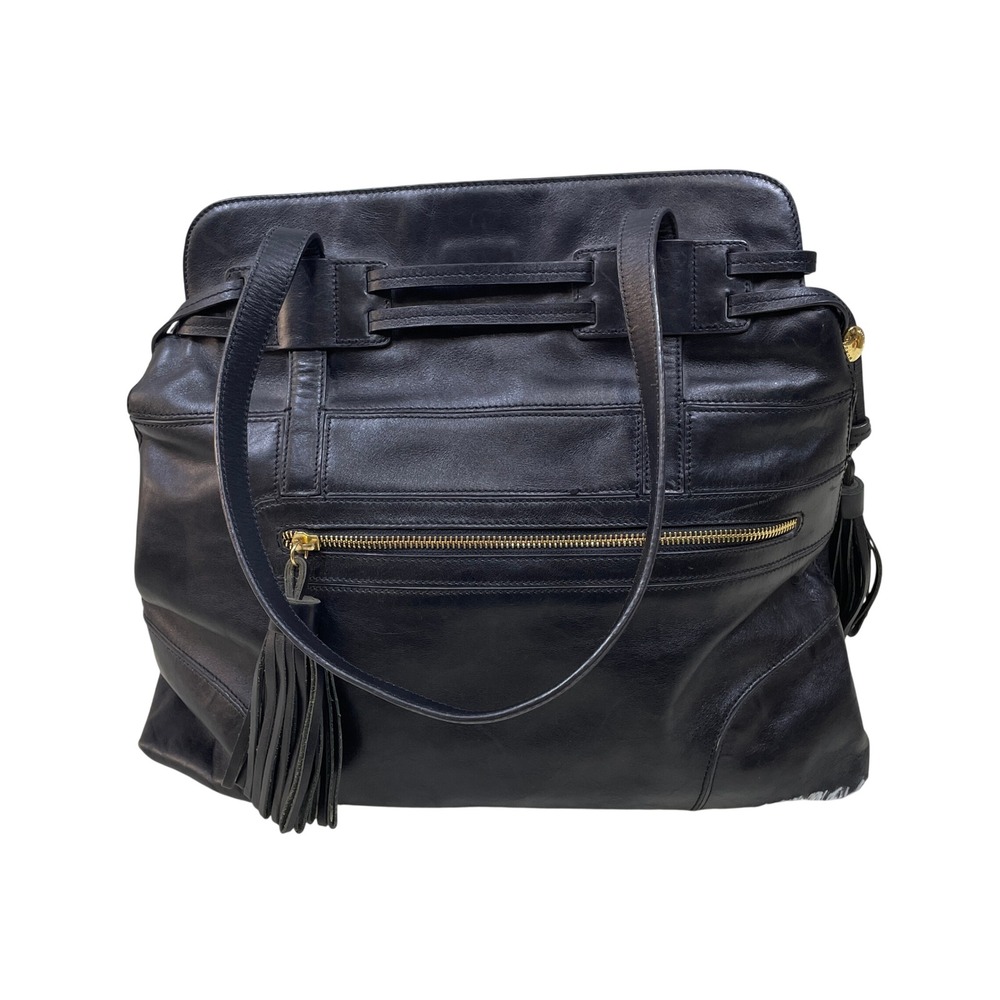 Monsac Leather Tote Bag Women Large Black Very Good Tassel Belted Shoulder Bag